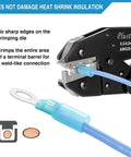 Close-up of ratcheting crimping tool for heat shrink connectors AWG 22-10, wire terminal crimper with color coded dies in use.