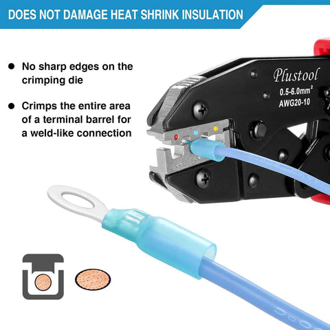 Close-up of ratcheting crimping tool for heat shrink connectors AWG 22-10, wire terminal crimper with color coded dies in use.