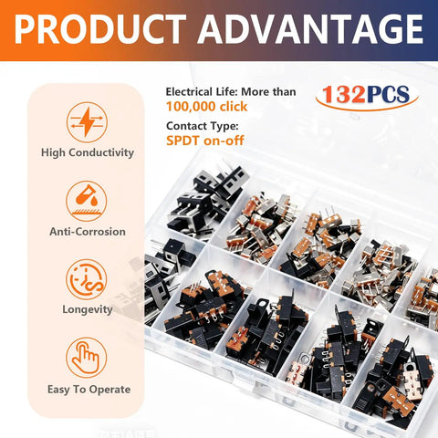 132 Piece Micro Slide Switch Kit Dope SPDT On Off 2 Position 3 Pin Tiny Toggle Switches for Panel Mount Vertical Through Hole