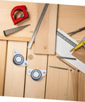 Heavy Duty 4 Pack Adjustable Sliding Door Roller Wheels Built Tough For Heavy Wooden Doors And Barn Hardware No Fuss Whisper Quiet Bearings Easy Closet Swap on a wooden workbench with measurement tools.