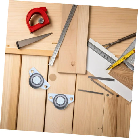Heavy Duty 4 Pack Adjustable Sliding Door Roller Wheels Built Tough For Heavy Wooden Doors And Barn Hardware No Fuss Whisper Quiet Bearings Easy Closet Swap on a wooden workbench with measurement tools.