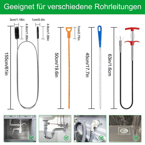 Five Piece Hair Drain Clog Remover Kit With Flexible Snakes And Long Reach Grabber For Toilet, Sink, Tub, Shower And Sewer Includes 61 Inch Snake, Two 19.6 Inch Hair Snakes, 17.7 Inch Cleaning Brush, 63 Inch Grabber, And Double End Pipe Brush