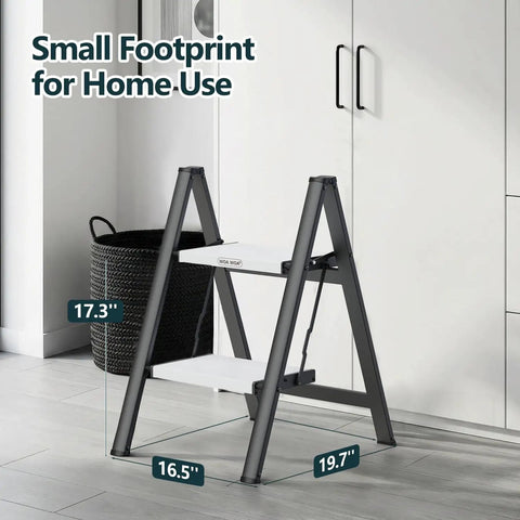 Foldable Two Step Ladder With 330 Pound Capacity Anti Slip Feet Sturdy Alloy Construction Compact Step Stool For Home Kitchen Closet Use Black And White, small footprint, 17.3x16.5x19.7 in