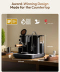 Game Changing Dual Boiler Espresso Machine With Integrated Precision Grinder And Dual Weight Sensors For Reliable Shot Prep And Silky Steamed Milk Anytime You Want To Chill And Sip, viewed from the side on a countertop.