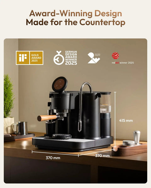 Game Changing Dual Boiler Espresso Machine With Integrated Precision Grinder And Dual Weight Sensors For Reliable Shot Prep And Silky Steamed Milk Anytime You Want To Chill And Sip, viewed from the side on a countertop.