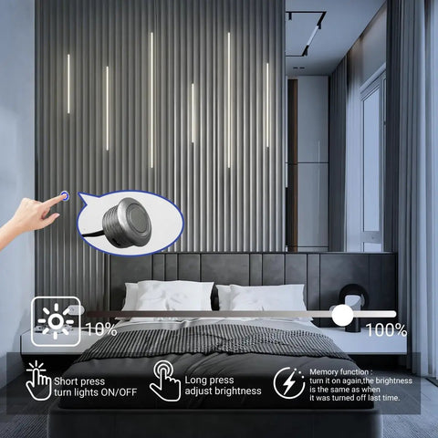 Wood Slat Wall Panel LED Recessed Lighting Kit with 6 Pcs DC12V Adhesive Acoustic Panel Lights and Touch Switch in bedroom setting