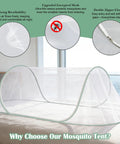 Instant Pop Up Mosquito Tent For Bedroom Camping And Patio With Portable Foldable Bug Net Quick Setup And Easy Open In Seconds Spacious Breathable Mesh Great For Travel Porch Or Backyard At 77 By 30 By 23 Inches showing the foldable tent on a bed with breathable mesh and easy zipper closure.