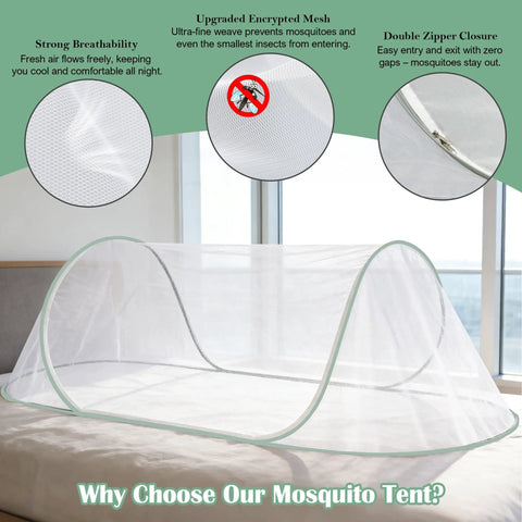 Instant Pop Up Mosquito Tent For Bedroom Camping And Patio With Portable Foldable Bug Net Quick Setup And Easy Open In Seconds Spacious Breathable Mesh Great For Travel Porch Or Backyard At 77 By 30 By 23 Inches showing the foldable tent on a bed with breathable mesh and easy zipper closure.
