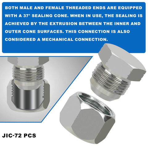 JIC Cap And Plug Set For 37 Degree Flare Hydraulic Hose Fittings Carbon Steel 72 Pieces with male and female threaded ends