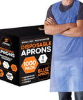 Blue Disposable Aprons Bulk Pack Of 1000 Count 24x48 Inches Waterproof Polyethylene shown on model with packaging box visible