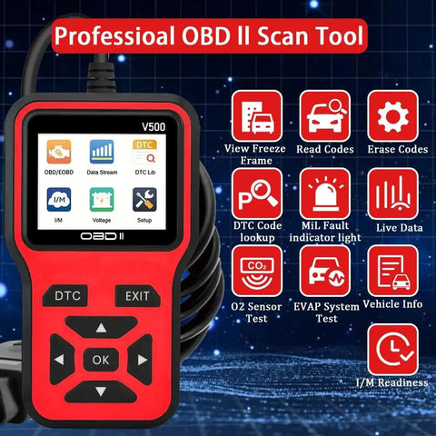 Garage Grade OBD2 Scanner Diagnostic Tool With Live Data Stream and features display, red device front