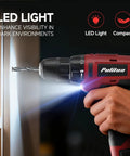 Hand using the 149 Piece Home Drill Set With 12V Red Cordless Drill LED Light 21 Plus 1 Torque Settings 19Nm in dark area