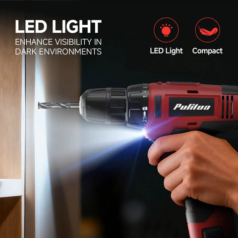 Hand using the 149 Piece Home Drill Set With 12V Red Cordless Drill LED Light 21 Plus 1 Torque Settings 19Nm in dark area