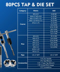 Front view of Devvicoo 80pc metric tap and die set with T-handle tap wrench and dies