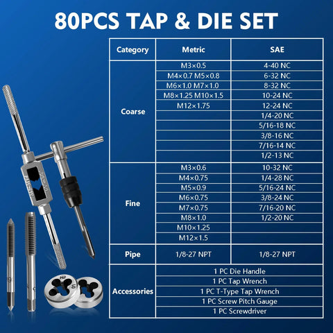 Front view of Devvicoo 80pc metric tap and die set with T-handle tap wrench and dies
