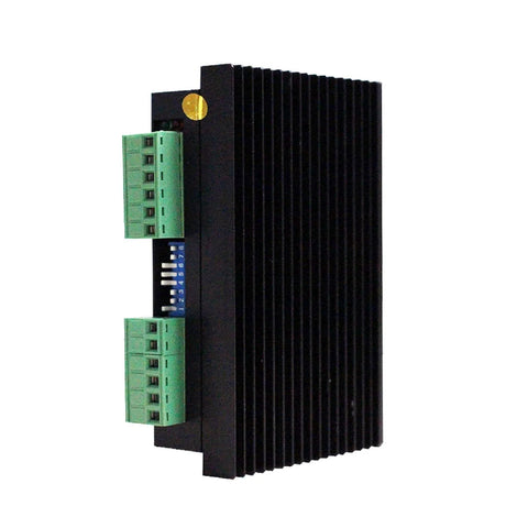 DM542 CNC stepper motor driver, side view, black aluminum heatsink with dual green terminal blocks