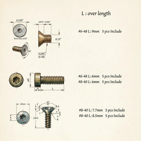 Diagram of 5 Pack Scope Mounting Screws Set For Rifles With #6-48 And #8-40, 6mm, 7.7mm, And 8.5mm Lengths, detailing sizes and lengths.