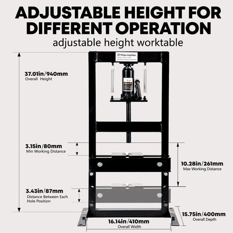 Beefed Up Heavy Duty 6 10 12 20 Ton H Frame Hydraulic Shop Press With Adjustable Worktable And Plates For Metal Bending And Straightening, Ideal For Auto Repair, Bearing Removal, And DIY Garage Projects. 6T H-frame press showing adjustable height and dimensions.