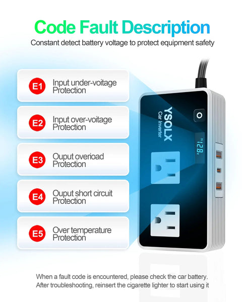 300 Watt Car Power Inverter Converts 12 Volt Dc To 110 Volt Ac Featuring dual USA outlets for protection codes display.