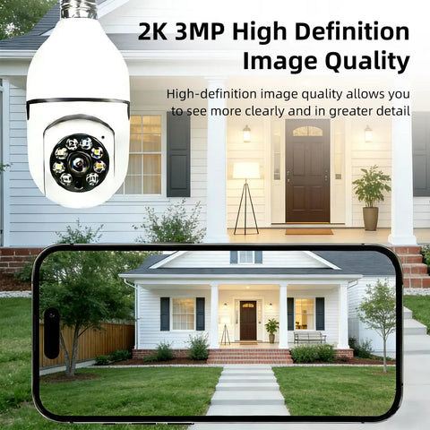 Dual Band Bulb Security Cam With 5G And 2.4G WiFi, 2K Clarity, outdoor view showing house with live camera feed