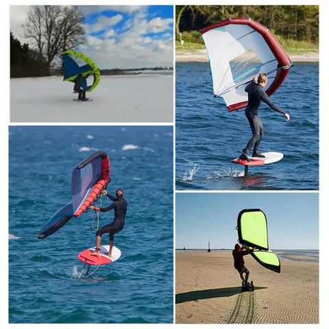 Inflatable Wing Foil Surf Wing With Storage Bag And Leash For Wind Wing Foiling Surfing Snow Ski Surfing And Water Play Ultimate Go To Durable Lightweight Handheld Kite Wing With Dual Airbag Safety being used in various environments: snow, water, and beach.