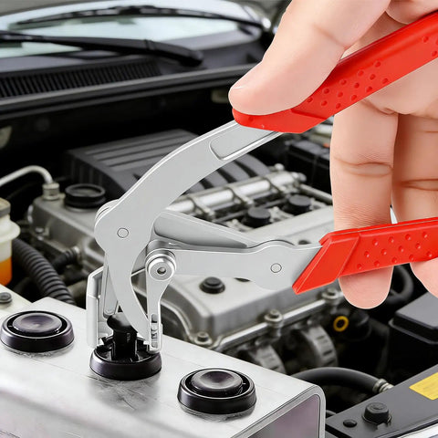 Non Destructive Car Clip Pliers Set With 20 8mm Rivets in use on engine, easy grip handles visible