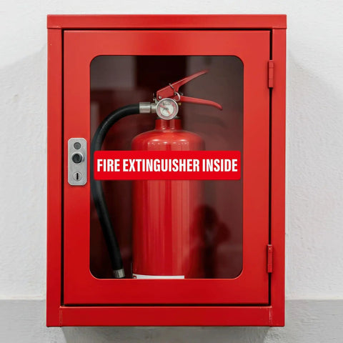 Red fire extinguisher inside cabinet with 'Fire Extinguisher Inside' sign, visible through glass door, wall-mounted for safety access.