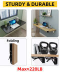 Beefy Heavy Duty Folding Shelf Brackets 12 Inch 6 Pack Black Wall Mounted shown with workbench and kettlebells, 220LB max