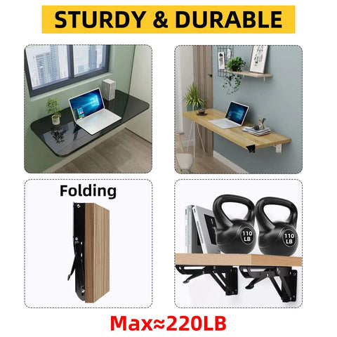 Beefy Heavy Duty Folding Shelf Brackets 12 Inch 6 Pack Black Wall Mounted shown with workbench and kettlebells, 220LB max
