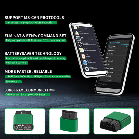 VLinker FD Plus OBD2 Bluetooth Diagnostic Scanner features and app compatibility displayed on smartphones