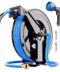 Retractable Hose Reel Kit 50 Ft Heavy Duty Metal Wall Mount With Hot And Cold Garden Water Hose Five Eighths Inch, Blue