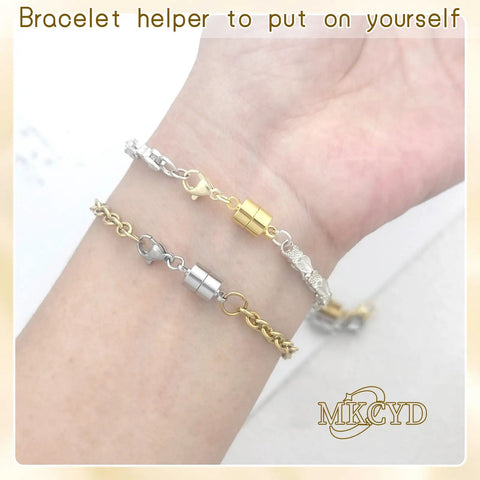 Person wearing Magnetic Necklace Clasp With Lobster Clasp 14K Gold And Silver Magnetic Jewelry Clasps For Bracelet Closures.