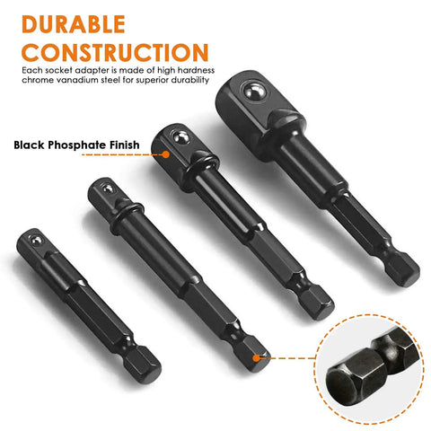 Heavy Duty Impact Socket Adapter Set For Power Tools With Quarter Inch, Three Eighths Inch, And Half Inch Sockets highlighted