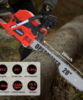 Durable Beast 58CC Gas Chainsaw With 20 Inch Bar Powerhouse 3.8 HP Two Stroke Petrol Saw cutting through log outdoors