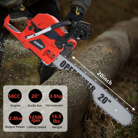 Durable Beast 58CC Gas Chainsaw With 20 Inch Bar Powerhouse 3.8 HP Two Stroke Petrol Saw cutting through log outdoors