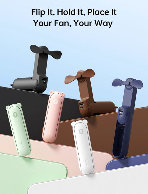 Various colors of 3 In 1 Pocket Handheld Mini Fan With Built In Power Bank And Flashlight USB Rechargeable.
