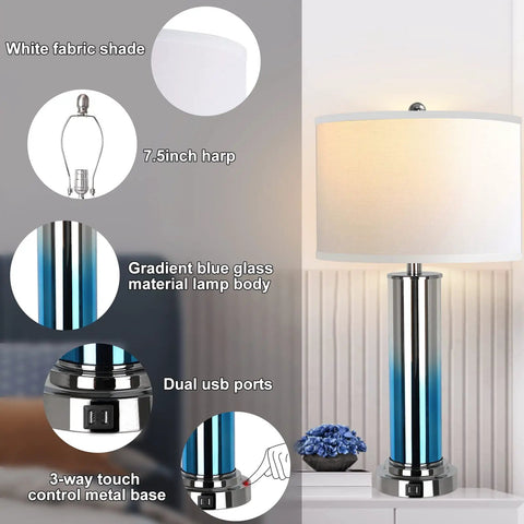 Set Of 2 Ombre Indigo Glass Table Lamps With USB Ports, LED Bulbs Included, showcasing design details and lamp features.