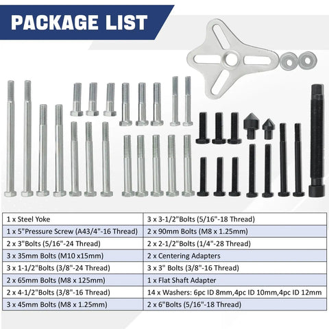 Package list of 46 Piece Harmonic Balancer Puller Set And Steering Wheel Puller Kit for Cars, Trucks, SUVs with bolts and yokes