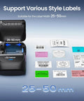 Wireless Bluetooth Thermal Label Printer For Home And Business Prints Two Inch Wide Shipping Labels On Standard Rolls Compact Desktop Maker With Three Included Rolls with labels 25-50mm size.