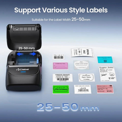 Wireless Bluetooth Thermal Label Printer For Home And Business Prints Two Inch Wide Shipping Labels On Standard Rolls Compact Desktop Maker With Three Included Rolls with labels 25-50mm size.