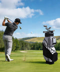 Golfer swinging with 14 Way Full Length Divider Golf Cart Bag With Lock Top Organizer, 500D polyester, ample storage