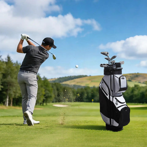 Golfer swinging with 14 Way Full Length Divider Golf Cart Bag With Lock Top Organizer, 500D polyester, ample storage