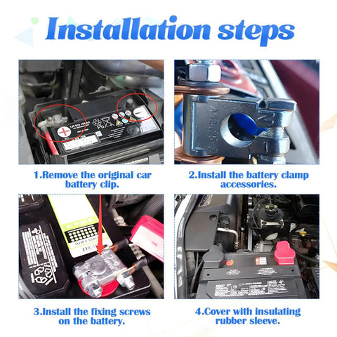 Installation steps for Heavy Duty Car Battery Terminal Kit With Four Piece 3 8 Inch Pure Copper Wire Lugs and Heat Shrink Tubing.