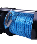 Beefy Heavy Duty Synthetic Winch Rope Three Eighths Inch By Ninety Two Feet With Hook And Protective Sleeve on winch drum