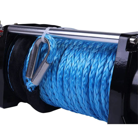 Beefy Heavy Duty Synthetic Winch Rope Three Eighths Inch By Ninety Two Feet With Hook And Protective Sleeve on winch drum