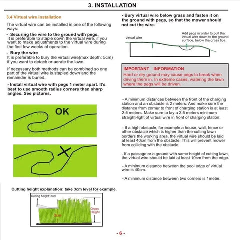 Diagram showing instructions for installing a virtual wire for Smart Robotic Lawn Mower With App Control, including correct wire placement.
