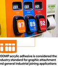 Gas pump display highlighting 200MP acrylic adhesive, suitable for graphic attachment and industrial joining applications.