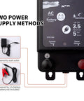 Kickin Heavy Duty 2 In 1 Electric Fence Energizer with plug options for AC or 12V battery power and usage details on screen.
