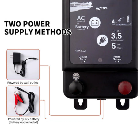 Kickin Heavy Duty 2 In 1 Electric Fence Energizer with plug options for AC or 12V battery power and usage details on screen.