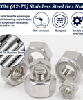 345 Piece SAE Hex Nut and Lock Nut Kit in 304 Stainless Steel with hex nuts showcasing rustproof and anti-corrosion features.
